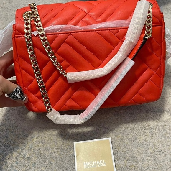 NWT Michael Kors Peyton Medium Quilted Flap Chainlink Shoulder Bag In Mandarin - Picture 11 of 13